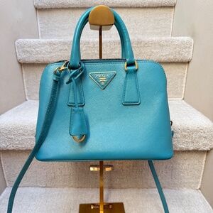Prada Saffiano Lux Small Promenade Dome Tote in Turquoise Blue